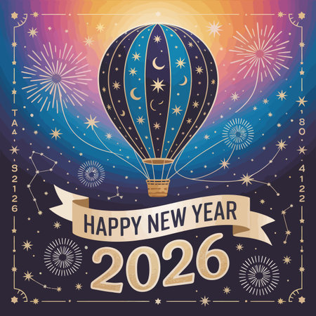 A blue hot air balloon with celestial patterns floats in a starry sky with fireworks.のイラスト素材