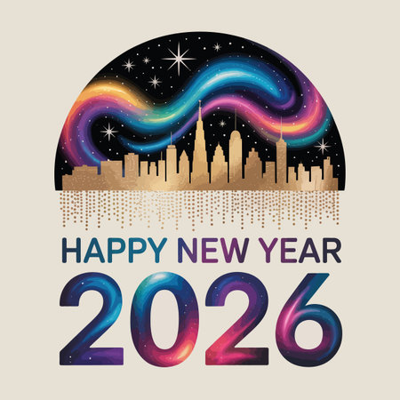 Vector aurora featuring happy new year 2026 with galaxy sky and golden cityscape silhouette...のイラスト素材