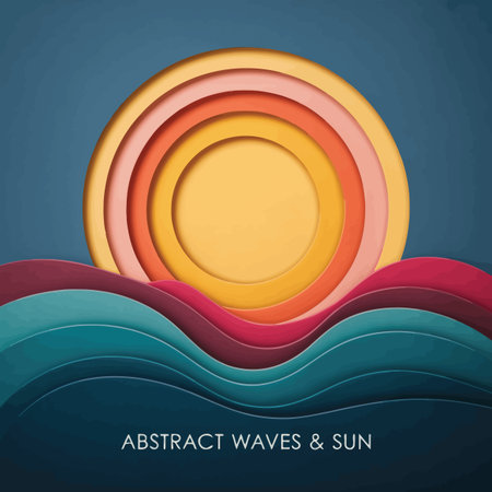 Paper cut style sunset over wavy ocean with the text Abstract Waves & Sun. Scalable vector format...のイラスト素材