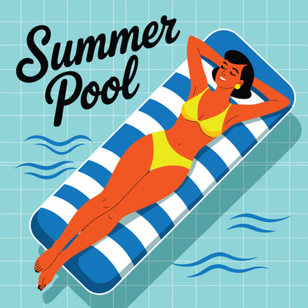 A woman in a yellow bikini relaxes on a blue and white striped float. Scalable vector format suit...のイラスト素材