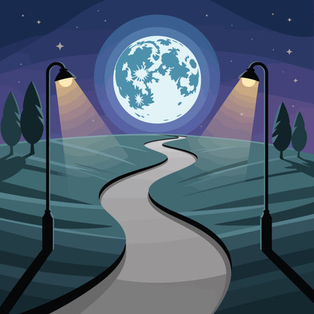 A winding road at night illuminated by streetlights, with a large full moon and stars in the sky.のイラスト素材