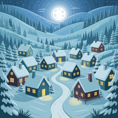 A charming winter village with snow-covered houses and trees under a full moon. Scalable vector f...のイラスト素材