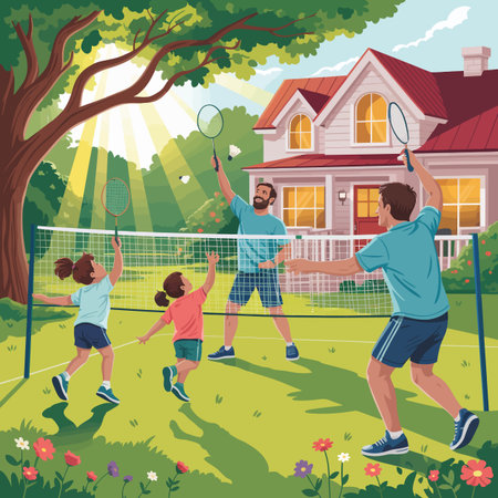 A family plays badminton in a sunny backyard with a house in the background. Scalable vector form...のイラスト素材