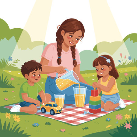 Vector son featuring mother pouring juice for children playing with blocks outdoors on a blanket...のイラスト素材