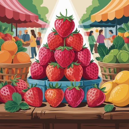 A pyramid of fresh strawberries is displayed at a vibrant outdoor market stall. Scalable vector f...のイラスト素材