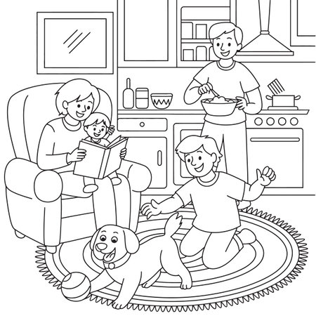A line art illustration of a family enjoying activities together in their home. Scalable vector f...のイラスト素材