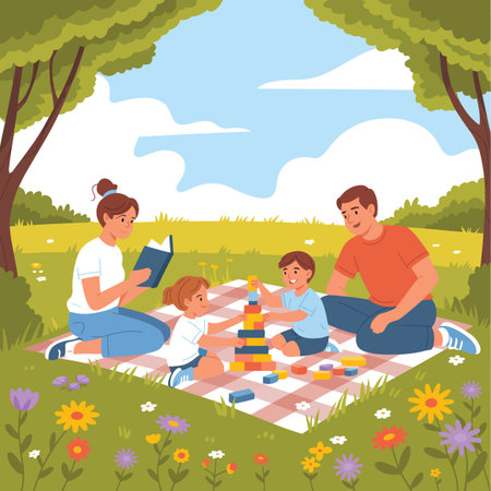 Vector son featuring family enjoying a picnic and playing with blocks in a park keywords:...のイラスト素材
