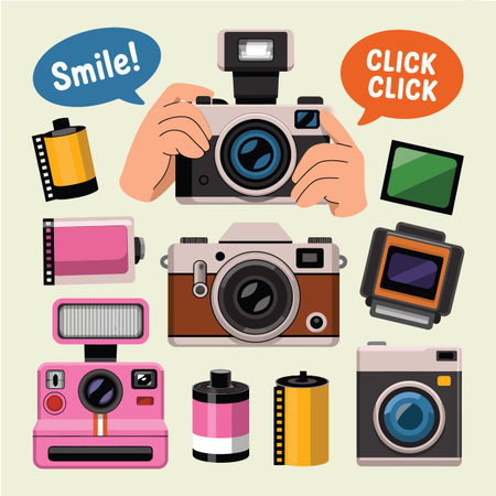 Assortment of vintage and modern cameras, film rolls, and photography accessories. Scalable vecto...のイラスト素材