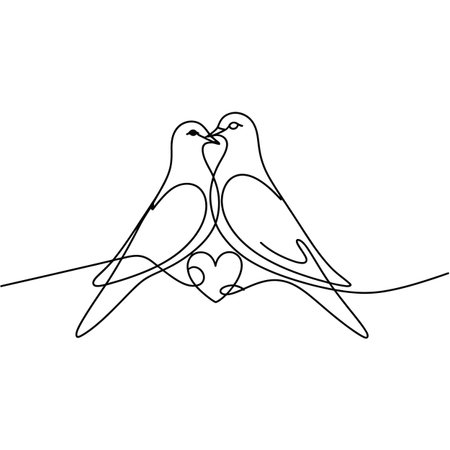 Two birds in continuous line art with a heart shape positioned between them on white.のイラスト素材