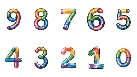 Numbers zero to nine depicted as colorful crayon-like objects on white. Scalable vector format su...のイラスト素材