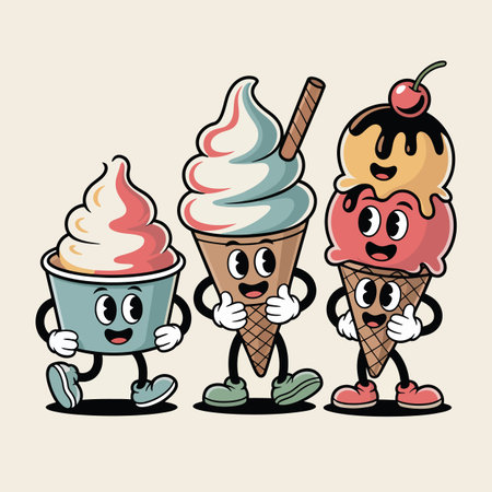 Three retro cartoon ice cream characters with arms and legs smiling and posing. Scalable vector f...のイラスト素材