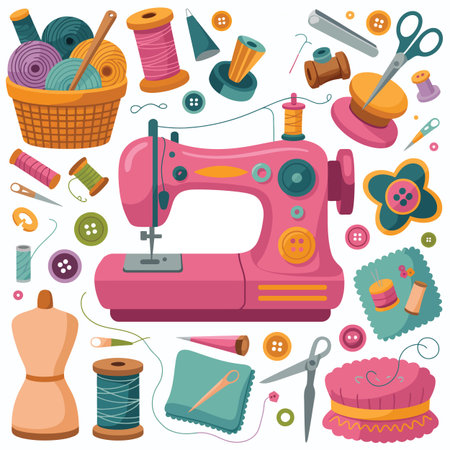 Vector pincushion featuring sewing machine and craft supplies collection with spools of thread...のイラスト素材