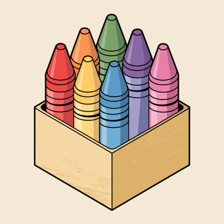 Vector blue featuring wooden box filled with eight assorted colored crayons on a beige...のイラスト素材