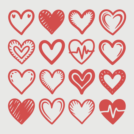 A grid of sixteen red hand-drawn hearts featuring different styles and patterns. Scalable vector ...のイラスト素材