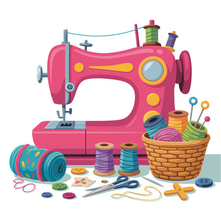 A pink sewing machine with various sewing supplies like threads, needles, and buttons.のイラスト素材