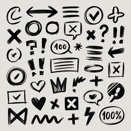 A collection of hand-drawn black scribble icons and symbols scattered on a light gray background.のイラスト素材