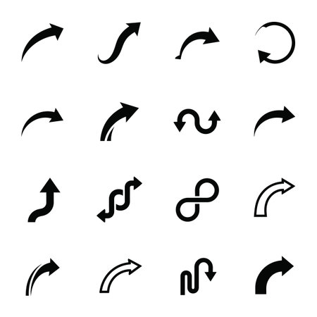 Sixteen black arrow icons featuring curves, spirals, and loops on a white background.のイラスト素材
