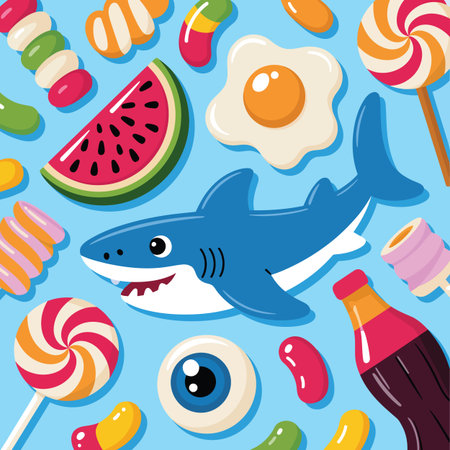 A cartoon shark swims among a variety of colorful candies, sweets, and treats. Scalable vector fo...のイラスト素材