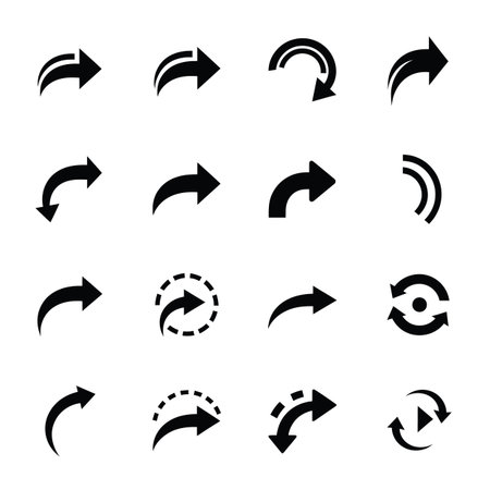 Sixteen black arrow icons featuring curved, circular, and dotted designs on a white background.のイラスト素材