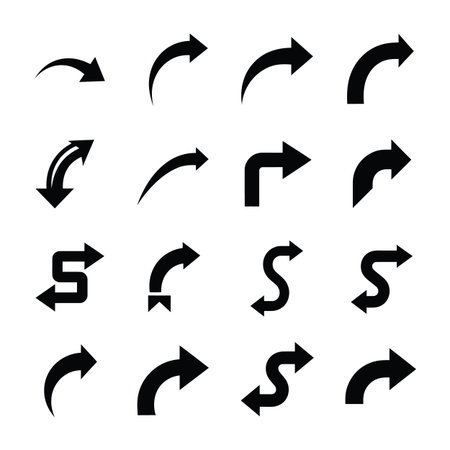 Sixteen black arrow icons with curved, angled, and S-shaped designs indicating direction on white.のイラスト素材