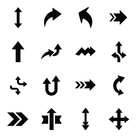 Sixteen black arrow icons displaying diverse directions, including straight, curved, and...のイラスト素材