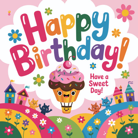 A whimsical Happy Birthday scene with a cupcake hot air balloon, cute cats, colorful houses, and...のイラスト素材