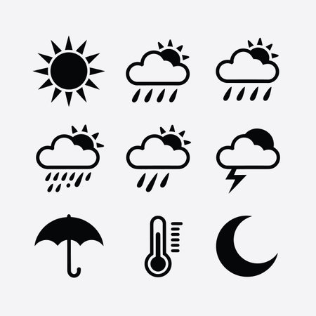 Vector design featuring weather forecast icons for sun rain clouds and moon keywords: sun,...のイラスト素材