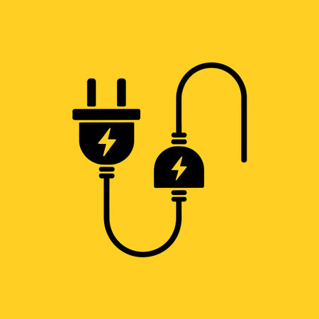 Black electrical plug and socket icon with lightning bolt on yellow background Scalable vector fo...