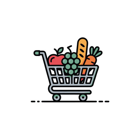A flat design illustration of a grocery cart filled with colorful food items on a white background.のイラスト素材