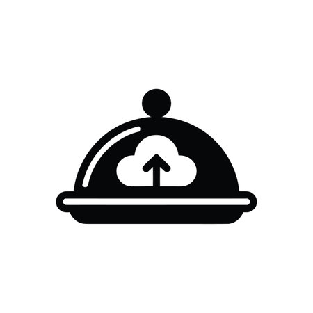 Black icon of a serving dish with cloud and upload arrow on white background Scalable vector form...のイラスト素材