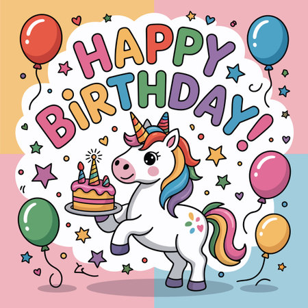 A cute unicorn holds a birthday cake surrounded by balloons and stars. Scalable vector format sui...のイラスト素材