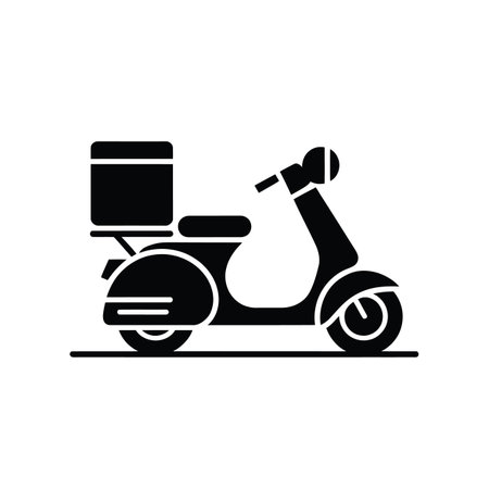 A black silhouette icon of a delivery scooter with a box on a white background. Scalable vector f...のイラスト素材