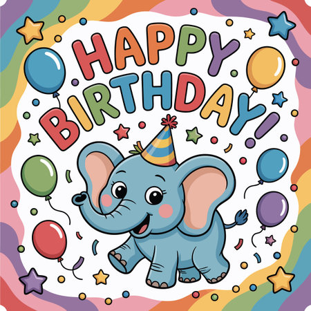 A cheerful blue cartoon elephant with a party hat and balloons celebrates. Scalable vector format...のイラスト素材
