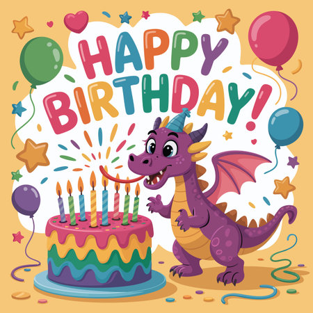 Cartoon dragon blowing out birthday cake candles Scalable vector format suitable for print and di...のイラスト素材