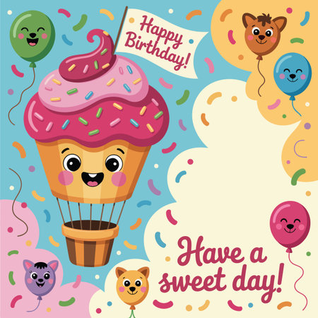 Vector design featuring birthday cupcake hot air balloon with animal balloons and confetti...のイラスト素材