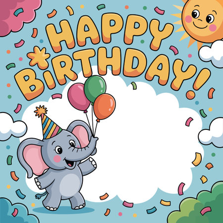 A cute cartoon elephant in a party hat holds balloons under a smiling sun. Scalable vector format...のイラスト素材