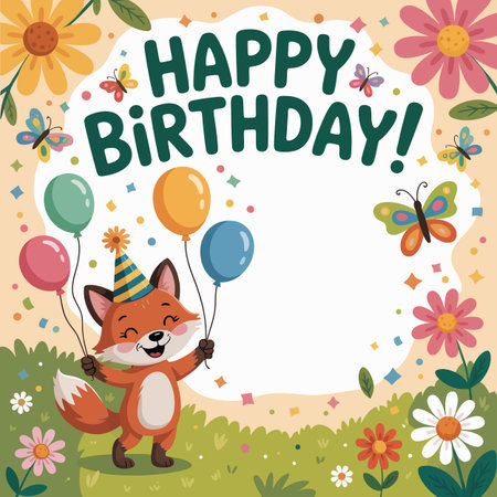 A happy cartoon fox in a party hat holds balloons amidst flowers and butterflies. Scalable vector...のイラスト素材
