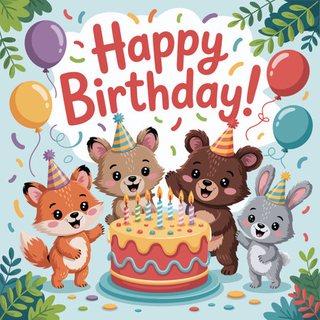 Four cute cartoon animals wearing party hats around a birthday cake with candles Scalable vector ...のイラスト素材