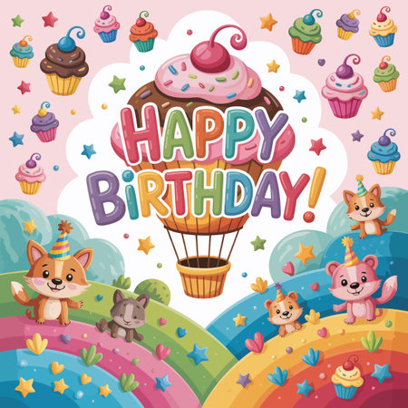 Animals celebrate on rainbow hills with a cupcake hot air balloon and scattered cupcakes.のイラスト素材