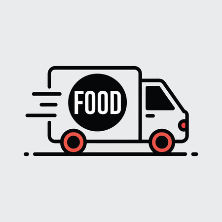Vector online featuring food delivery truck icon with motion lines and red wheels keywords: food...のイラスト素材