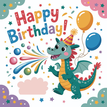 A cute cartoon dragon wearing a party hat celebrates a happy birthday with balloons and confetti.のイラスト素材