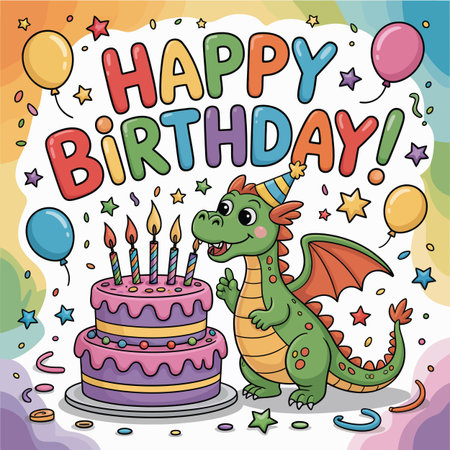 A green dragon celebrates a birthday with a cake, balloons, and colorful confetti. Scalable vecto...のイラスト素材