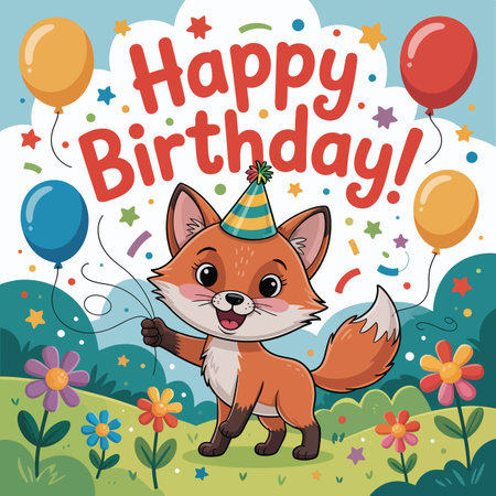 A cute cartoon fox wearing a party hat holds balloons and confetti. Scalable vector format suitab...のイラスト素材