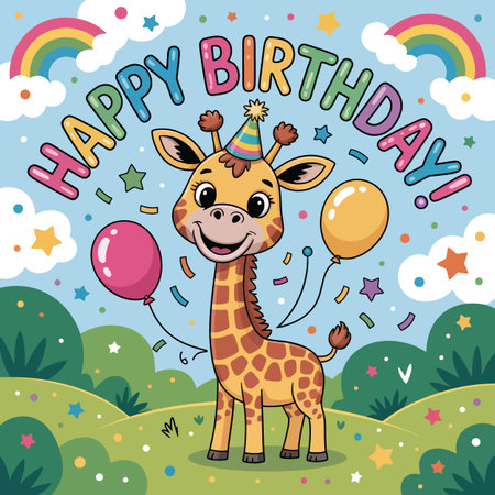 Cute giraffe with party hat and balloons under a rainbow on a birthday card Scalable vector forma...のイラスト素材
