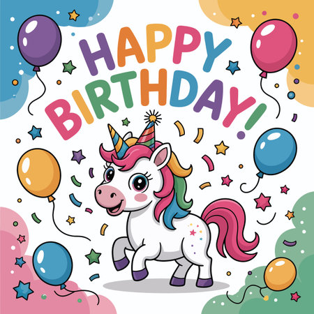 A playful cartoon unicorn with a rainbow mane celebrates a happy birthday with balloonsのイラスト素材