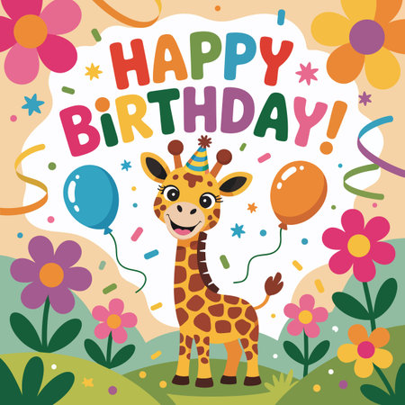 A cheerful cartoon giraffe with a party hat and balloons celebrates a birthday. Scalable vector f...のイラスト素材