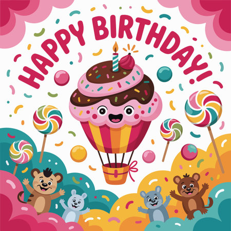A happy cupcake hot air balloon with cute animals and colorful lollipops celebrates a birthday.のイラスト素材
