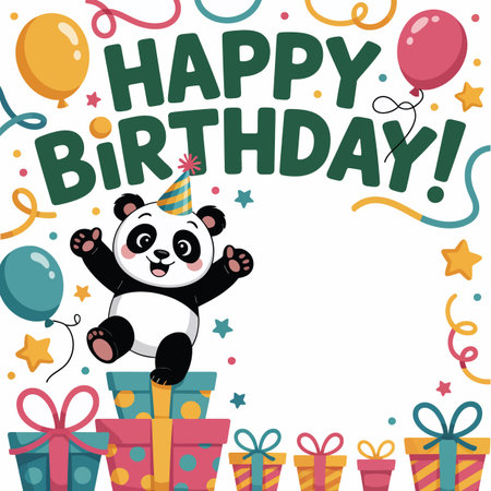 A cute cartoon panda jumps on gift boxes for a happy birthday celebration with balloons and...のイラスト素材