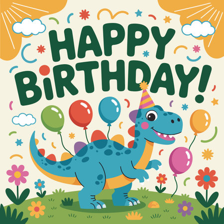 Cute blue dinosaur with party hat surrounded by balloons flowers and confetti Scalable vector for...のイラスト素材