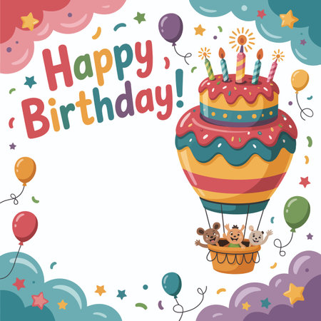 A festive birthday scene with a cake hot air balloon carrying animal friends through the sky.のイラスト素材